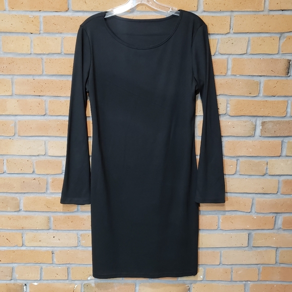 (XL) Black Solid Bodycon Midi Long Sleeve Dress - Picture 5 of 8